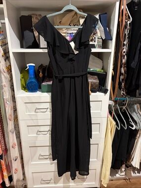 miami Black Ruffle V-Neck Jumpsuit with Belt